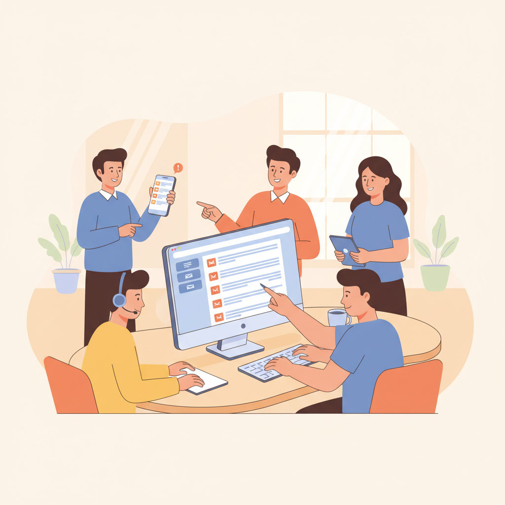A team of customer support representatives collaborating on a shared desktop inbox while one representative checks their mobile phone, illustrating a synchronized workflow.
