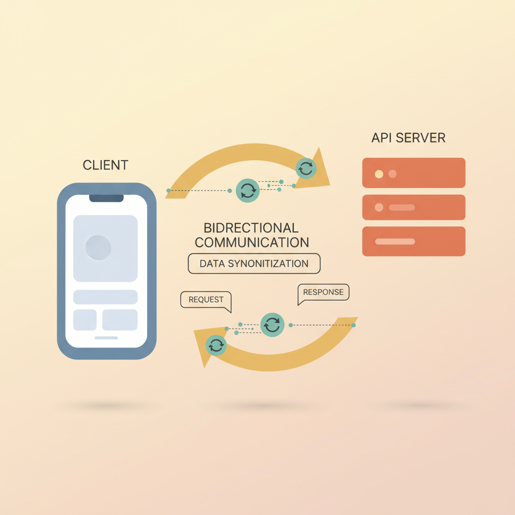 A diagram showing a smartphone and an API server exchanging messages bidirectionally with sync indicators.