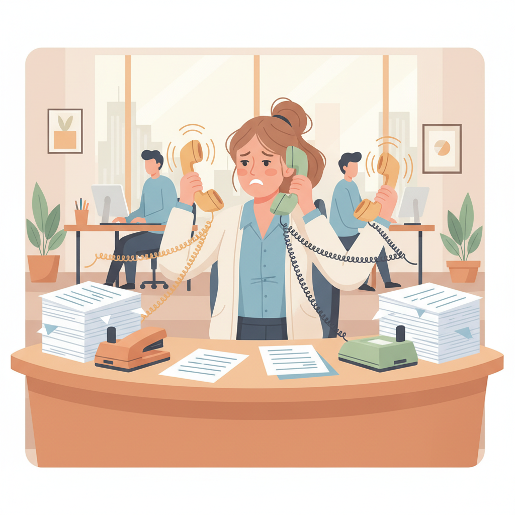 A busy office receptionist overwhelmed by multiple ringing phones and paperwork