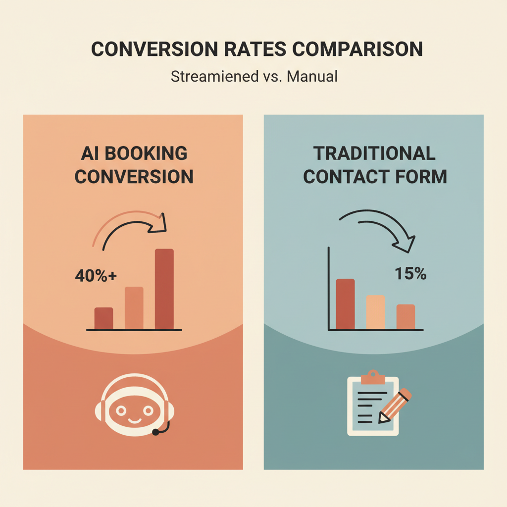 A comparison chart showing AI booking conversion rates versus traditional contact forms