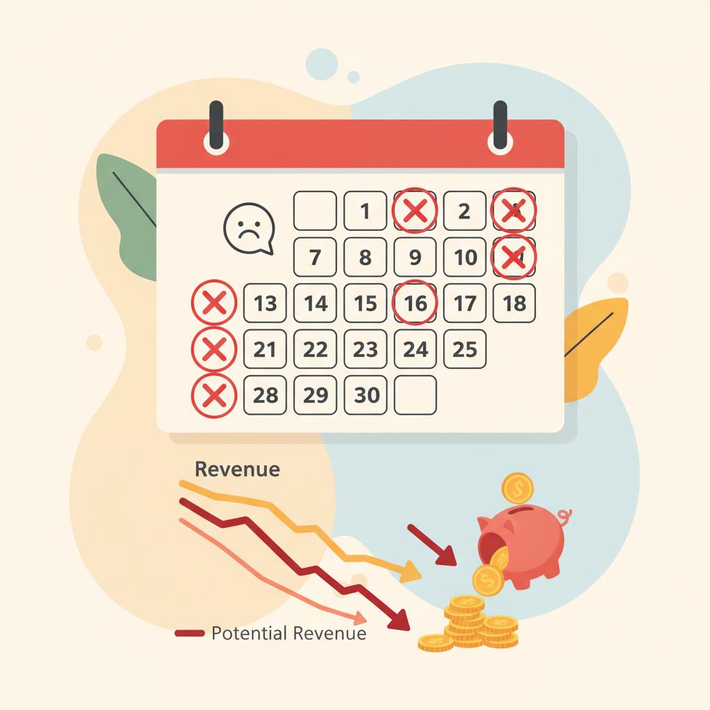 A calendar with missed appointments highlighted in red, showcasing the impact of no-shows on business revenue