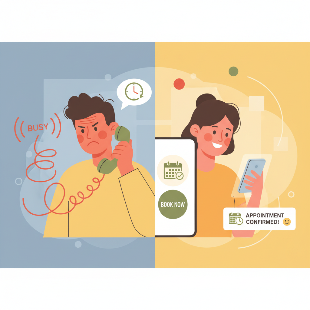 Una pantalla dividida que muestra a un cliente frustrado colgando en una línea telefónica ocupada frente a un cliente feliz reservando una cita al instante en un teléfono inteligente.