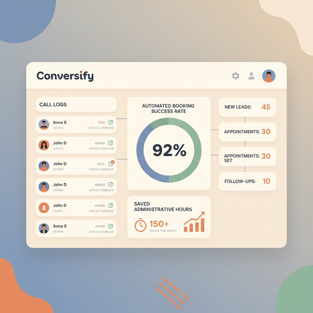 A dashboard interface of Conversify showing call logs, automated booking success rates, and saved administrative hours.
