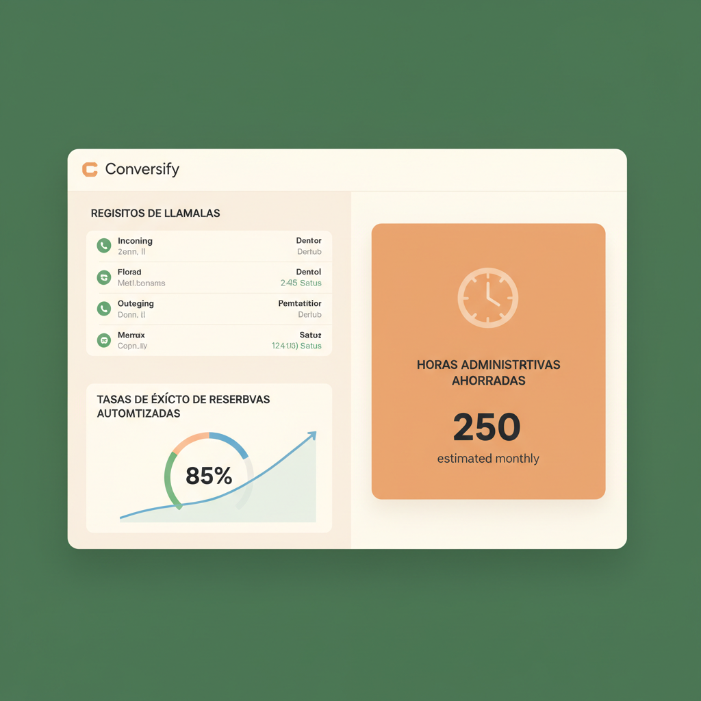 Una interfaz del panel de control de Conversify que muestra los registros de llamadas, las tasas de éxito de las reservas automatizadas y las horas administrativas ahorradas.