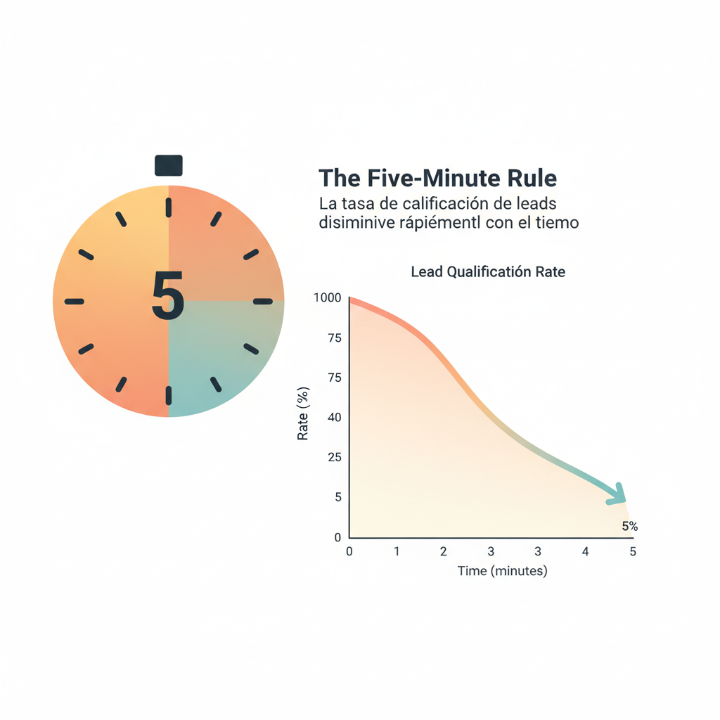 Una representación visual de la regla de los cinco minutos que muestra un reloj de cuenta regresiva y la rápida disminución de las tasas de calificación de leads a lo largo del tiempo.