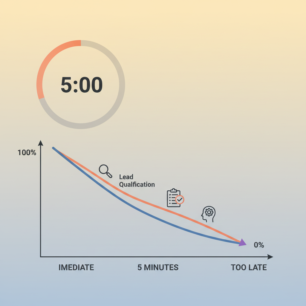 A visual representation of the five-minute rule showing a countdown clock and the rapid decay of lead qualification rates over time.