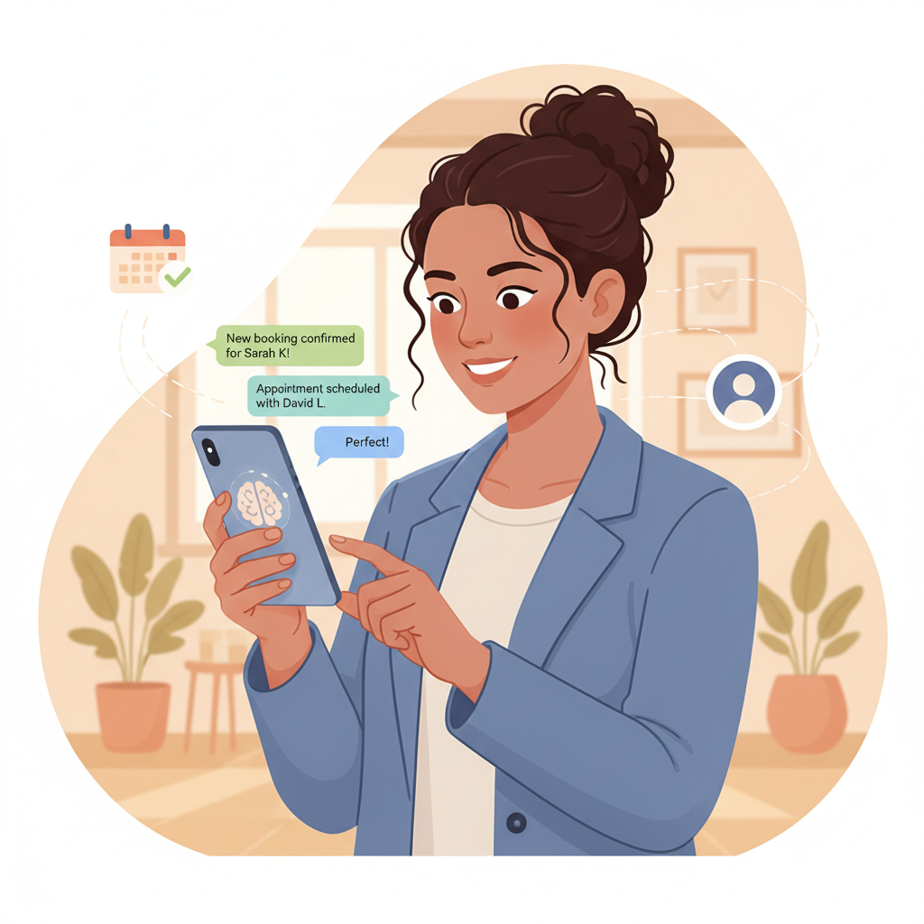 A business owner smiling while looking at her smartphone, easily managing new customer bookings coming in automatically through an AI-powered text interface.