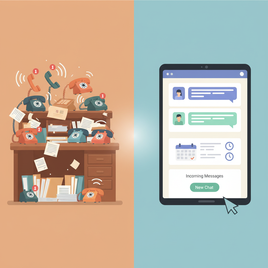 Una pantalla dividida que muestra un escritorio tradicional ocupado con llamadas telefónicas sin responder en un lado y un panel digital limpio que gestiona los chats y citas entrantes en el otro.