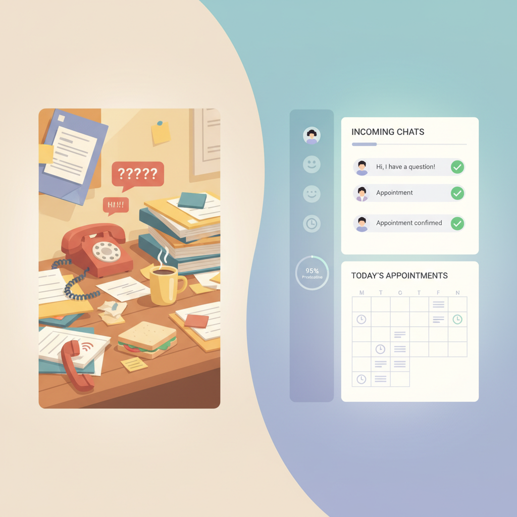 A split screen showing a traditional busy desk with unanswered phone calls on one side and a clean digital dashboard managing incoming chats and appointments on the other.