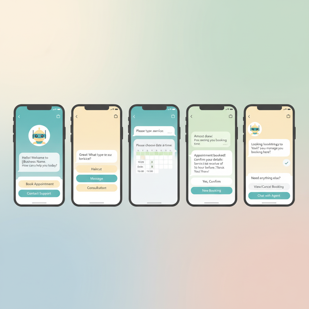 A step-by-step visual representation of a customer booking an appointment through an automated WhatsApp chat flow on a mobile phone.