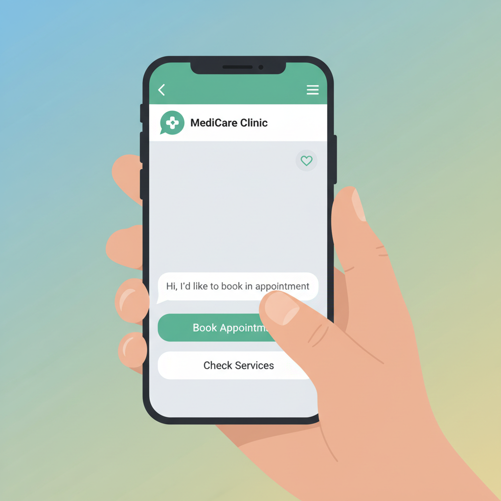 Una representación visual paso a paso de un cliente que reserva una cita a través de un flujo de chat automatizado de WhatsApp en un teléfono móvil.