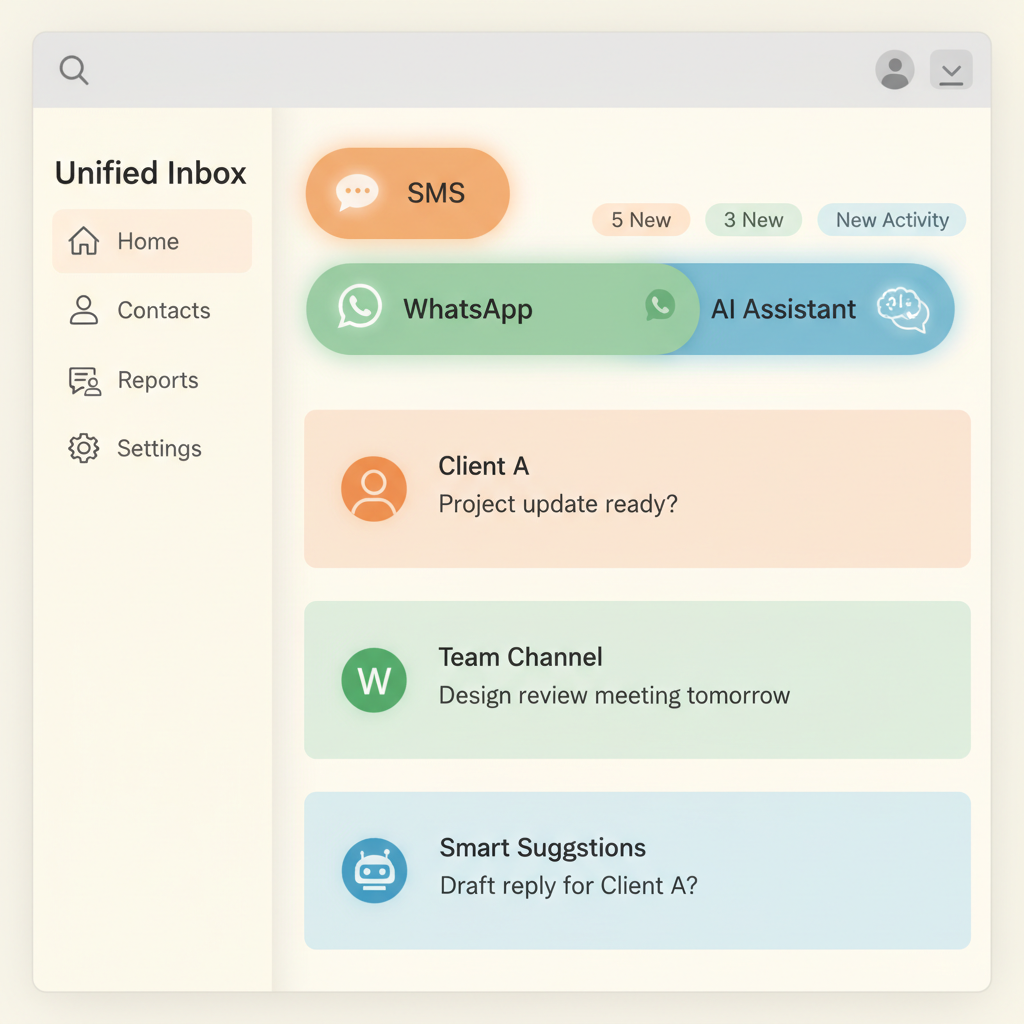 A clean software interface showing a unified inbox with SMS, WhatsApp, and AI assistant options active