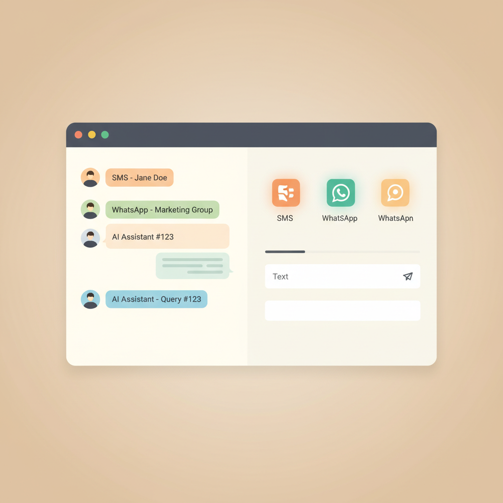 A clean software interface showing a unified inbox with SMS, WhatsApp, and AI assistant options active