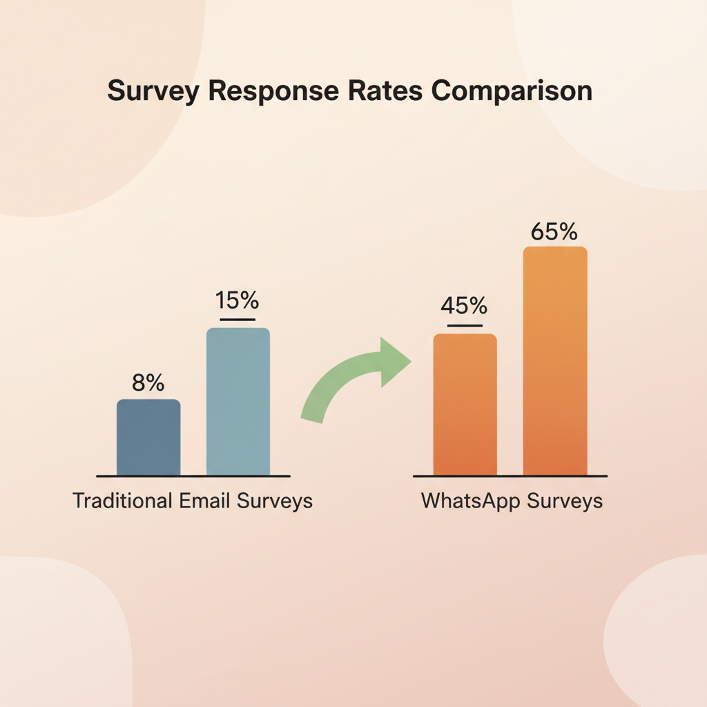 A graph comparing traditional email survey response rates of 8 percent to 15 percent against WhatsApp survey response rates of 45 percent to 65 percent.