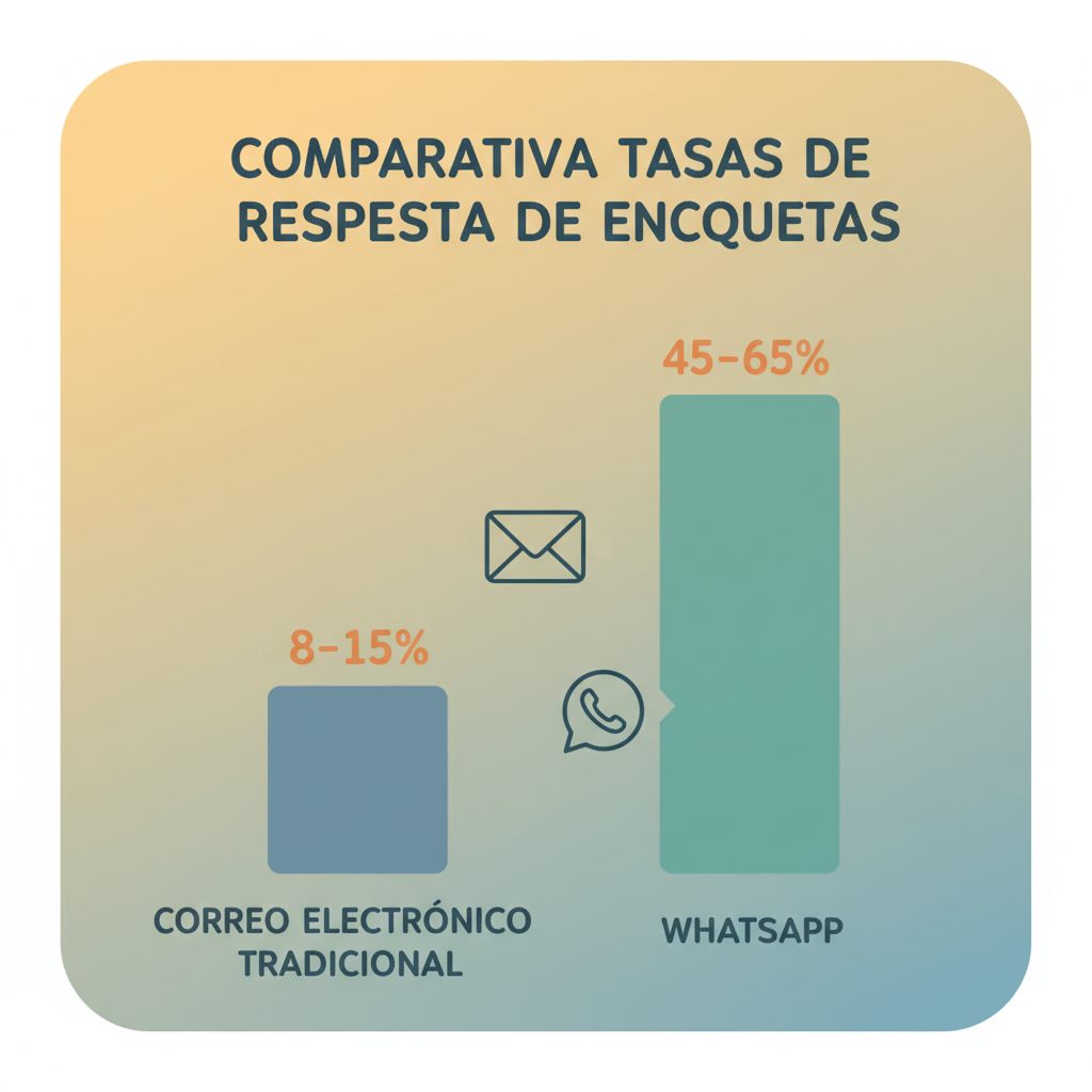 Un gráfico que compara las tasas de respuesta de las encuestas por correo electrónico tradicionales del 8 al 15 por ciento con las tasas de respuesta de las encuestas de WhatsApp del 45 al 65 por ciento.