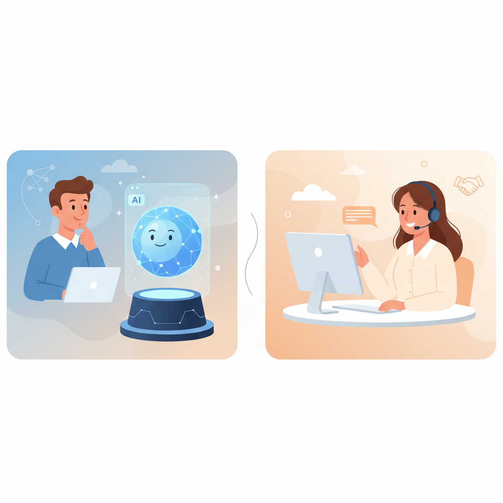 A split screen showing a customer interacting with an AI receptionist on one side and a human support agent on the other, demonstrating hybrid customer service.