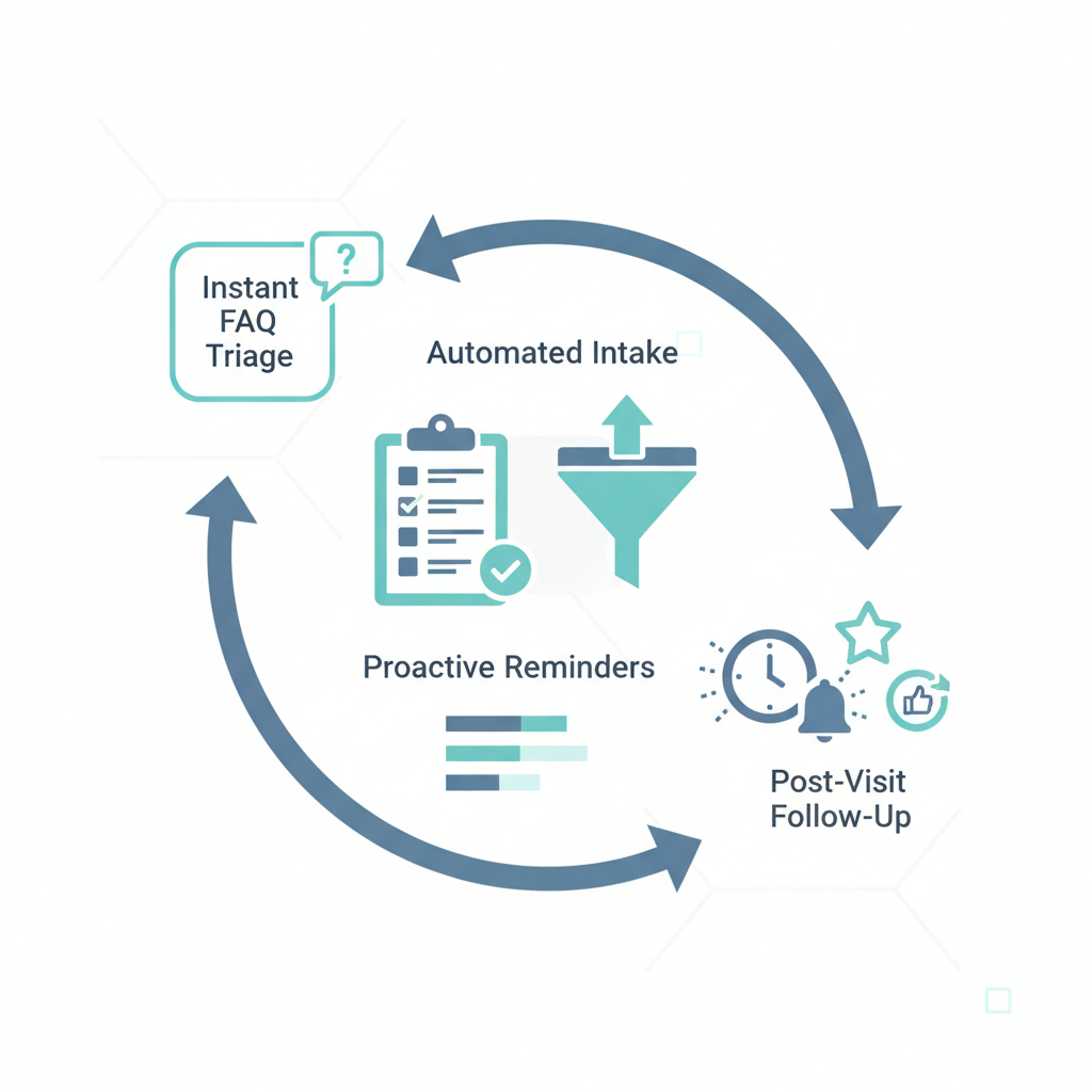 El ciclo de vida de 4 etapas de la comunicación automatizada con el paciente: triaje instantáneo de preguntas frecuentes, admisión automatizada, recordatorios proactivos y seguimiento posterior a la visita.