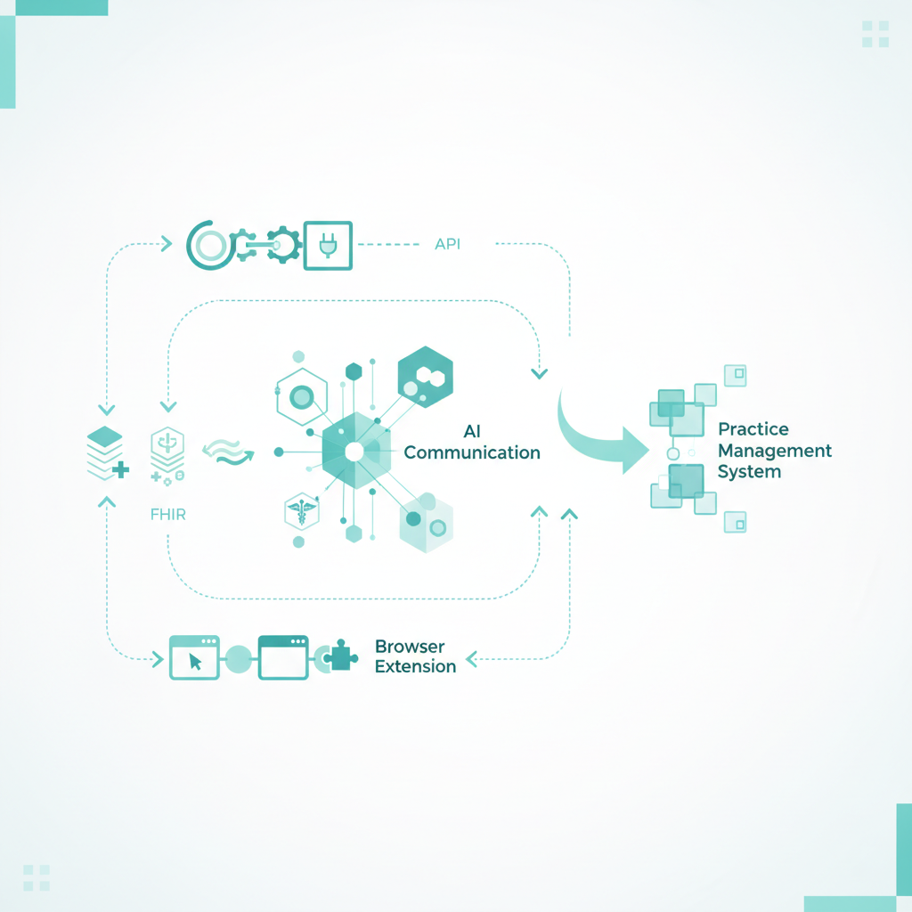 Las 3 vías técnicas para conectar la comunicación con IA a un sistema de gestión de consultorios (API, FHIR y extensión de navegador)