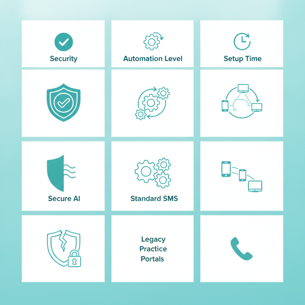Tabla comparativa que analiza la seguridad, el nivel de automatización, el soporte multicanal y el tiempo de configuración entre la IA segura, los SMS estándar y los portales de pacientes heredados