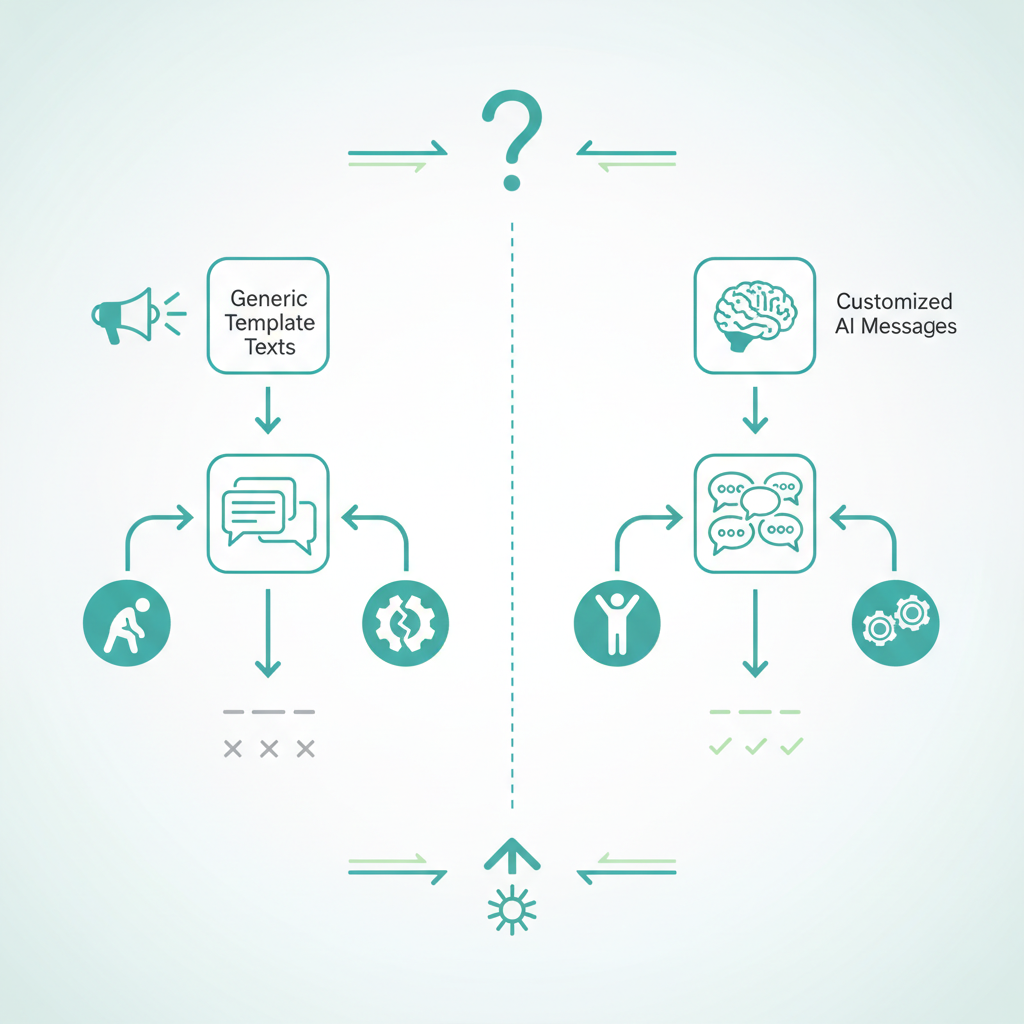 Un diagrama de flujo que compara la experiencia del paciente al recibir mensajes de texto de plantillas genéricas frente a mensajes de IA personalizados