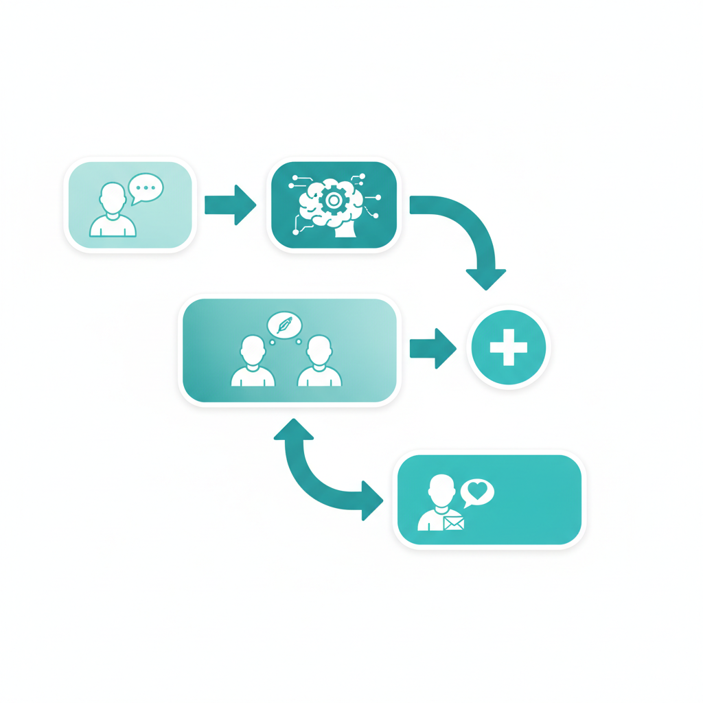 Un diagrama de flujo que ilustra el modelo de IA 'Humano en el bucle': El paciente envía una consulta -> La IA analiza y redacta la respuesta -> El personal revisa y personaliza el borrador -> El médico aprueba -> Se envía un mensaje empático al paciente.