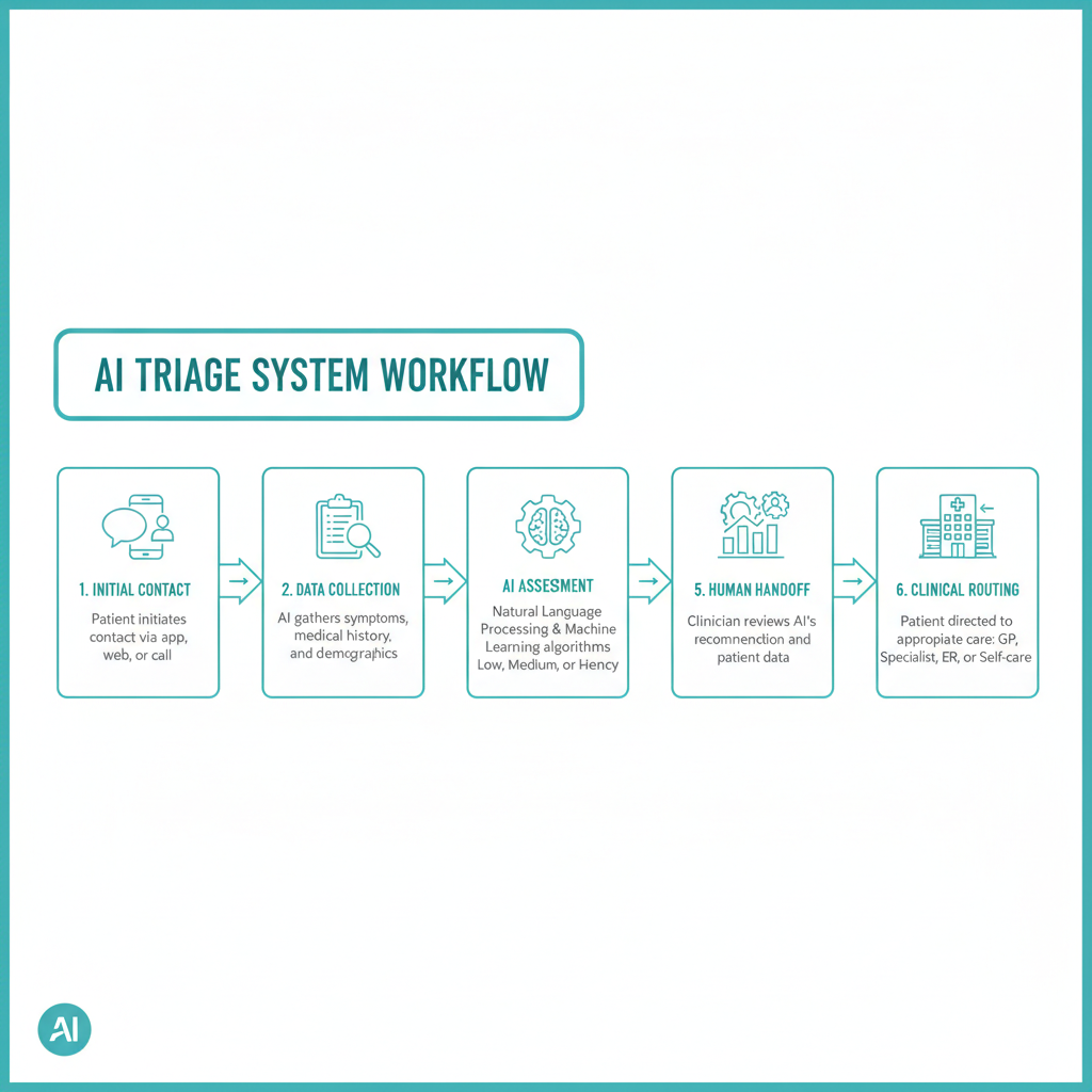 The step by step workflow of an AI triage system from initial contact to clinical routing