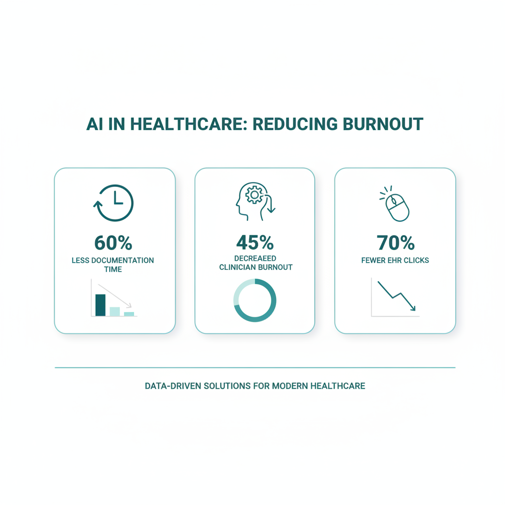 Statistical breakdown of how AI reduces clinician burnout, documentation time, and EHR clicks.