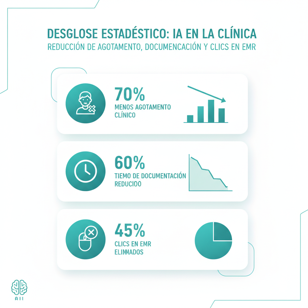 Desglose estadístico de cómo la IA reduce el agotamiento clínico, el tiempo de documentación y los clics en el expediente clínico electrónico.