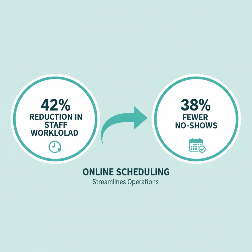 Statistics showing how online scheduling reduces staff workload by 42% and cuts no-shows by 38%.
