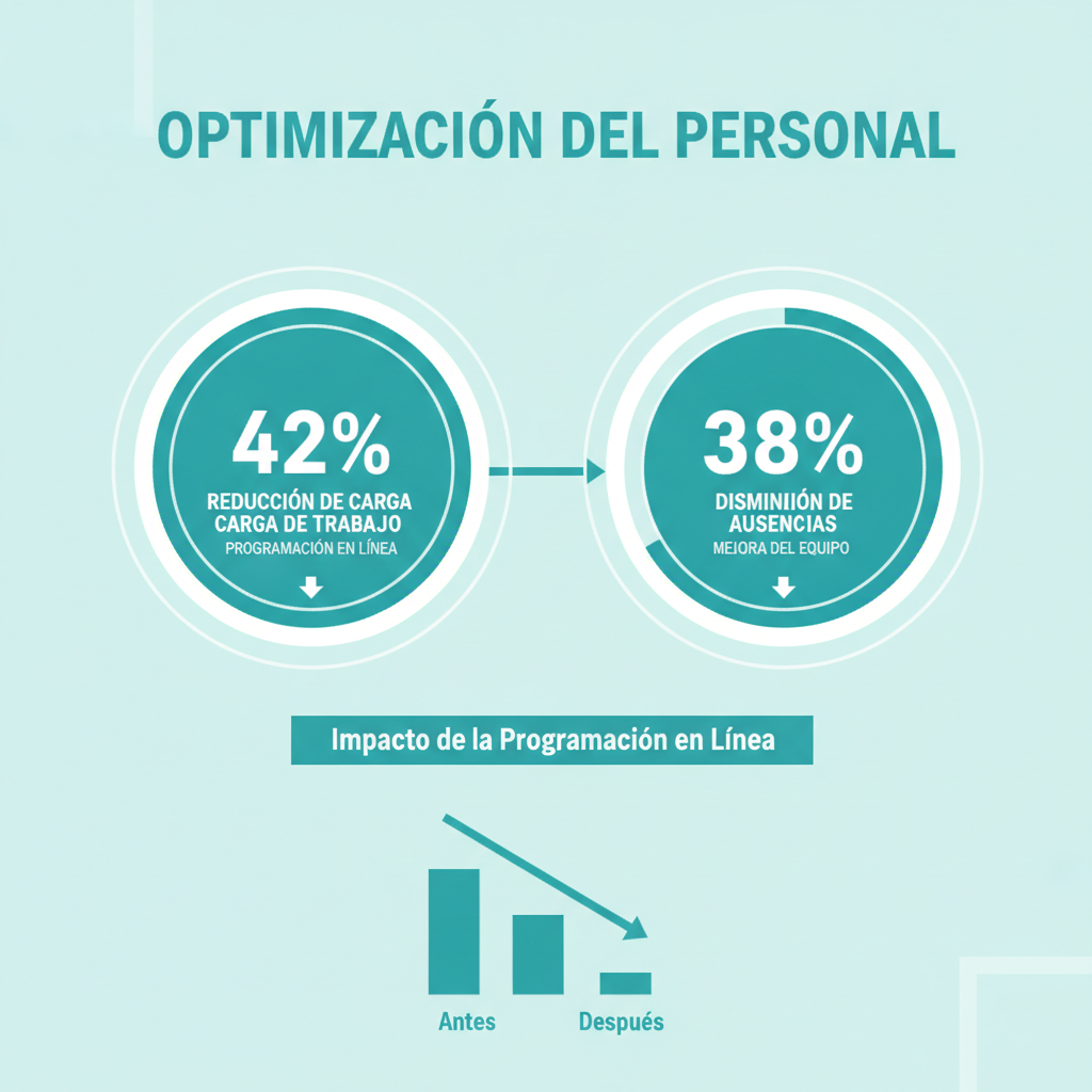 Estadísticas que muestran cómo la programación en línea reduce la carga de trabajo del personal en un 42% y disminuye las ausencias en un 38%.