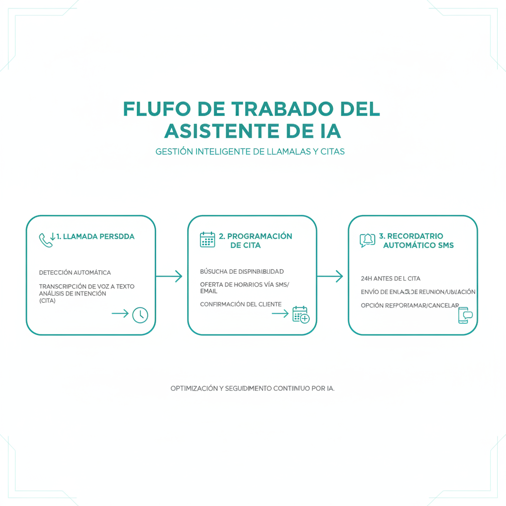 Flujo de trabajo que muestra cómo un asistente de IA gestiona una llamada perdida, programa una cita y envía un recordatorio por SMS.