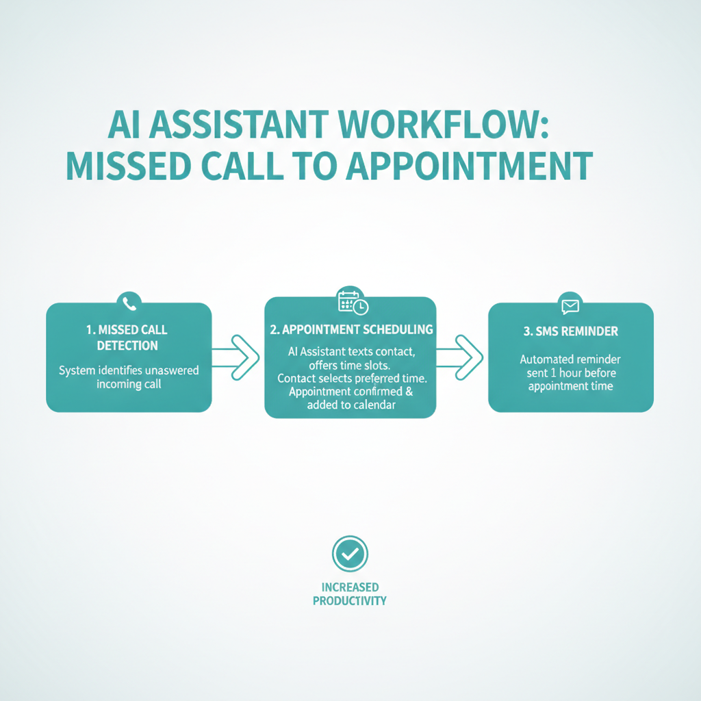 Workflow showing how an AI assistant handles a missed call, schedules an appointment, and sends an SMS reminder.