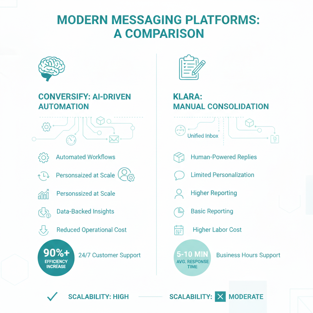 Comparison of Conversify's AI-driven automated workflows versus Klara's manual consolidated messaging