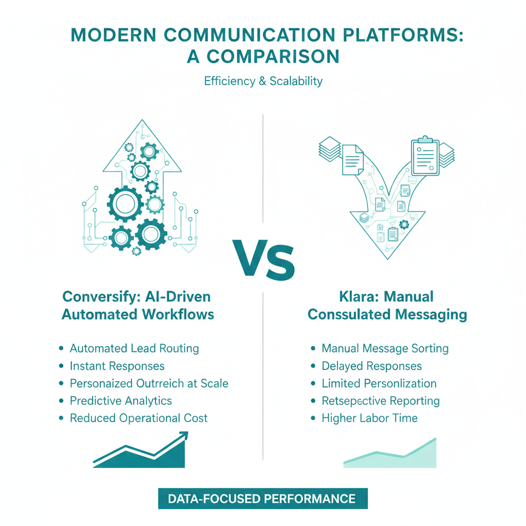 Comparison of Conversify's AI-driven automated workflows versus Klara's manual consolidated messaging