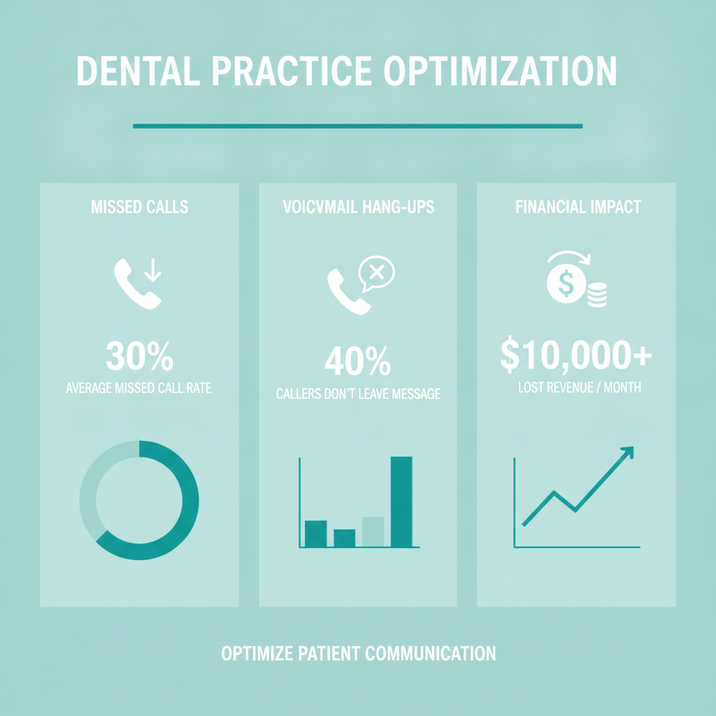 Visual breakdown of dental practice statistics showing missed calls, voicemail hang-ups, and the financial impact of missed patient opportunities