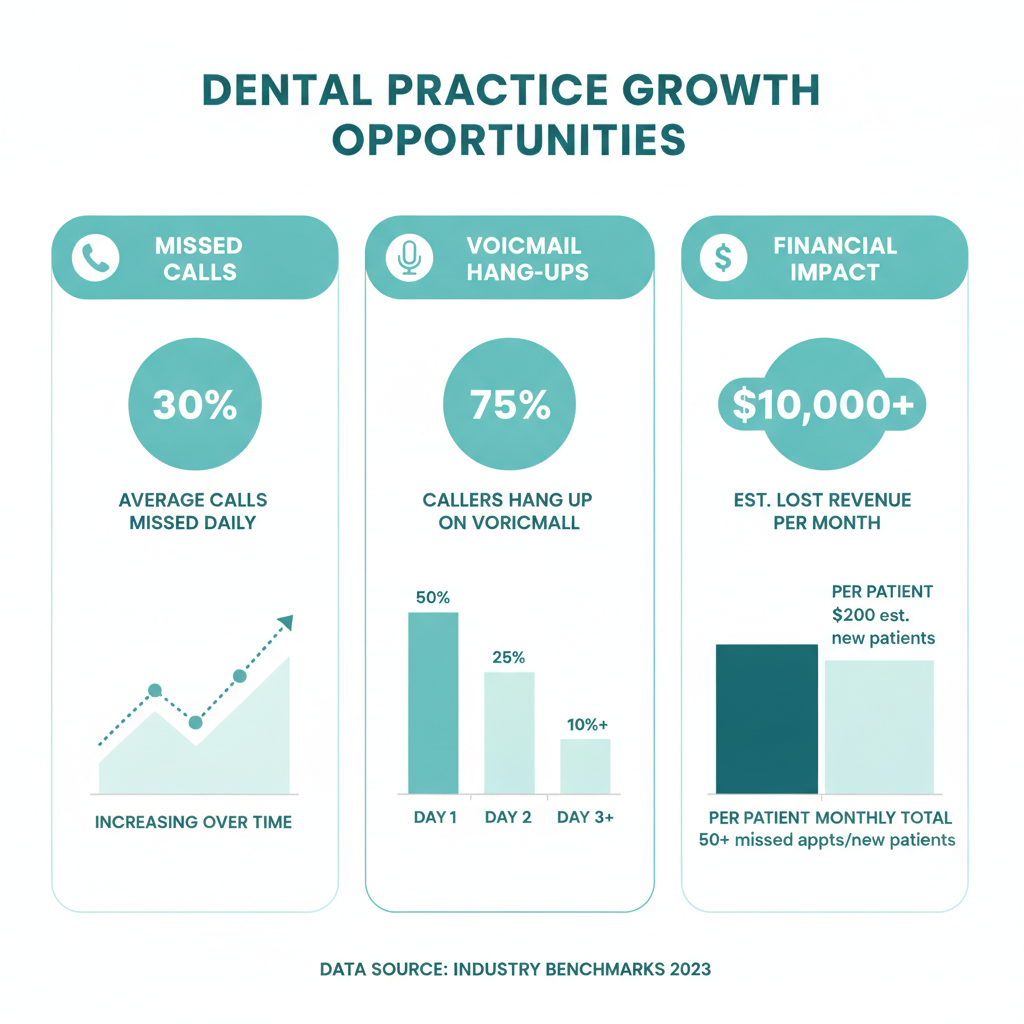 Visual breakdown of dental practice statistics showing missed calls, voicemail hang-ups, and the financial impact of missed patient opportunities
