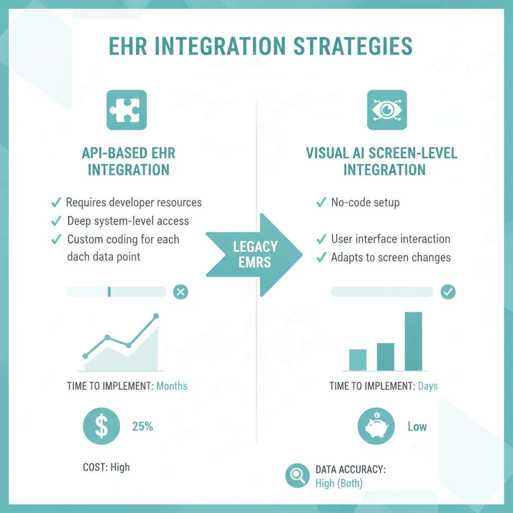 Comparison between API-based EHR integration and Visual AI screen-level integration for legacy EMRs