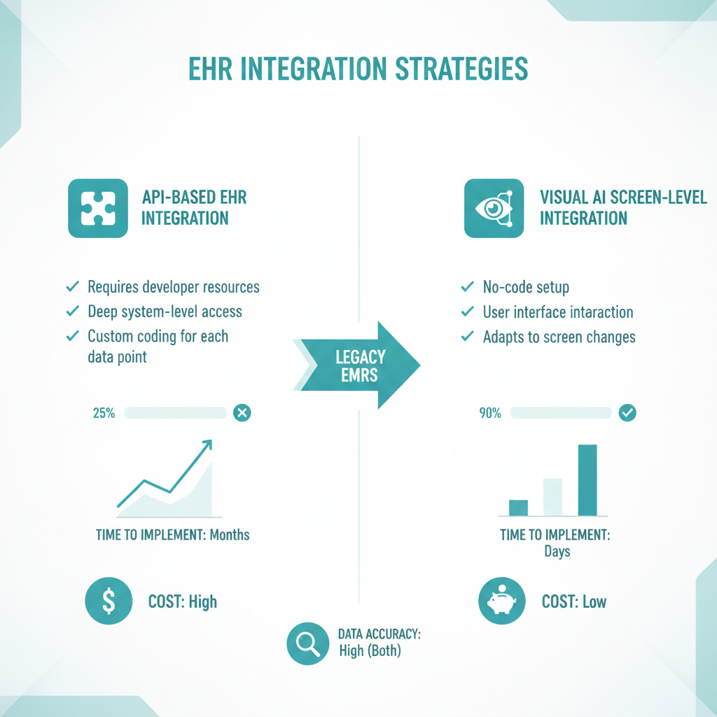 Comparison between API-based EHR integration and Visual AI screen-level integration for legacy EMRs
