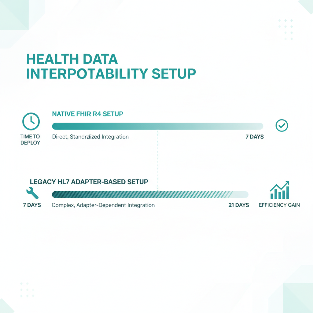 A timeline comparison showing the 5 to 7 day native FHIR R4 setup versus the 7 to 21 day legacy HL7 adapter-based setup