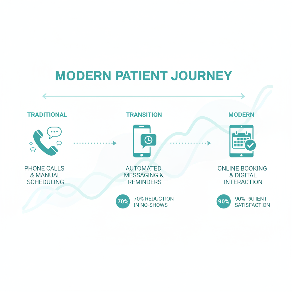 The modern patient journey showing the shift from phone calls to automated messaging and online booking