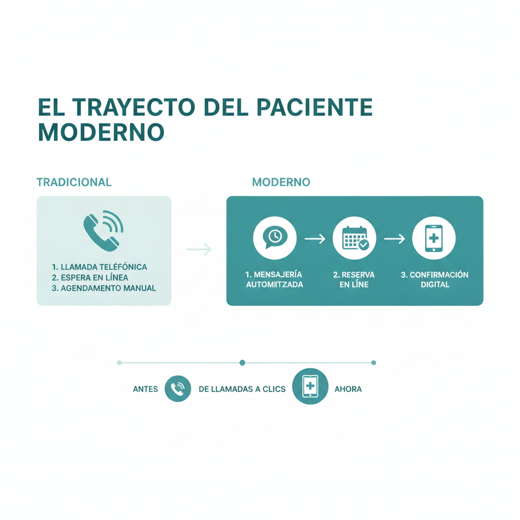 El trayecto del paciente moderno que muestra el cambio de las llamadas telefónicas a la mensajería automatizada y la reserva en línea