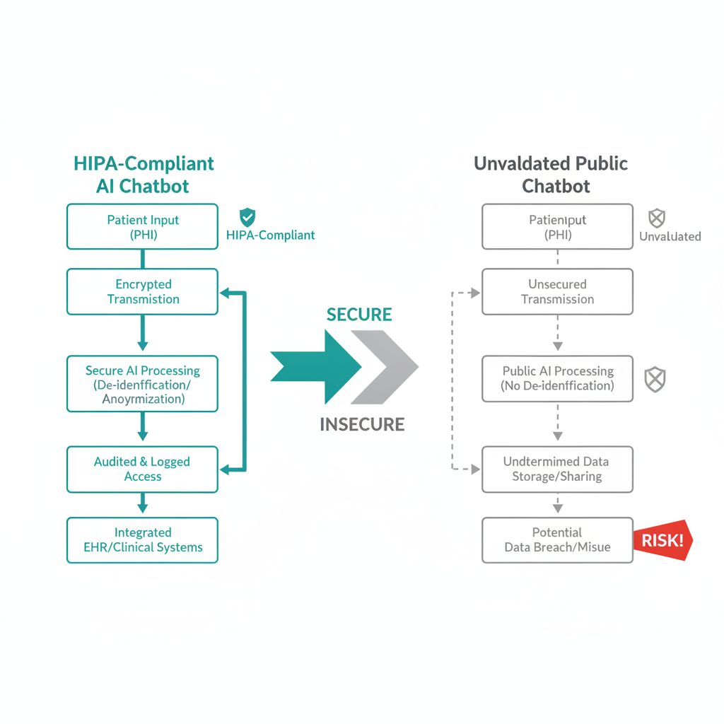 A diagram showing the flow of patient data through a HIPAA-compliant AI chatbot compared to an unvalidated public chatbot.