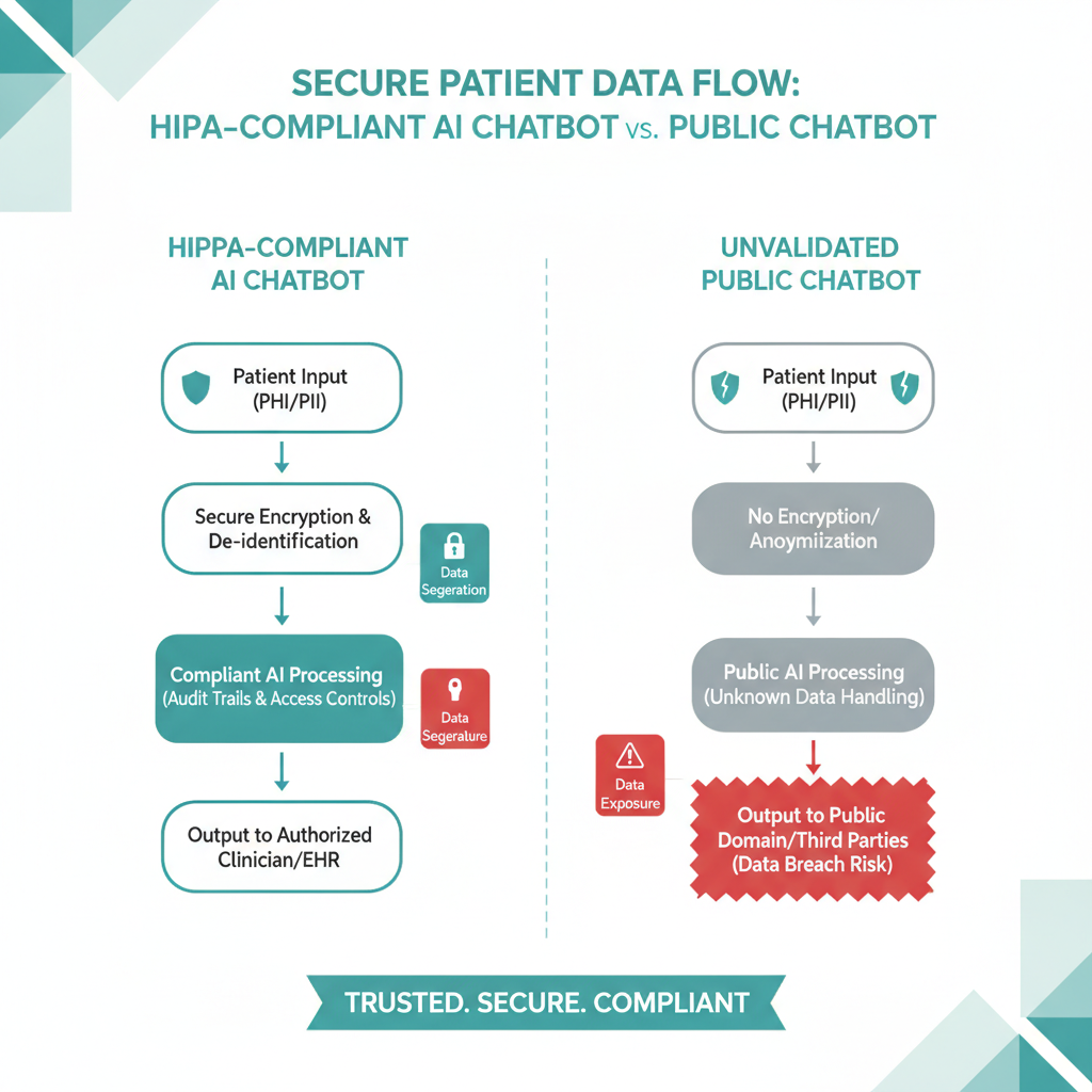 A diagram showing the flow of patient data through a HIPAA-compliant AI chatbot compared to an unvalidated public chatbot.