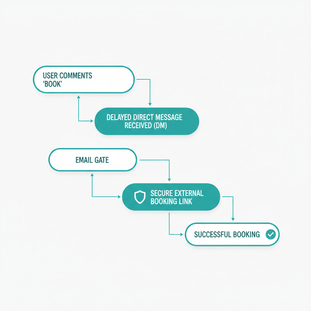 A visual flowchart showing a user commenting "BOOK", receiving a delayed DM, passing through an email gate, and successfully booking via a secure external link.