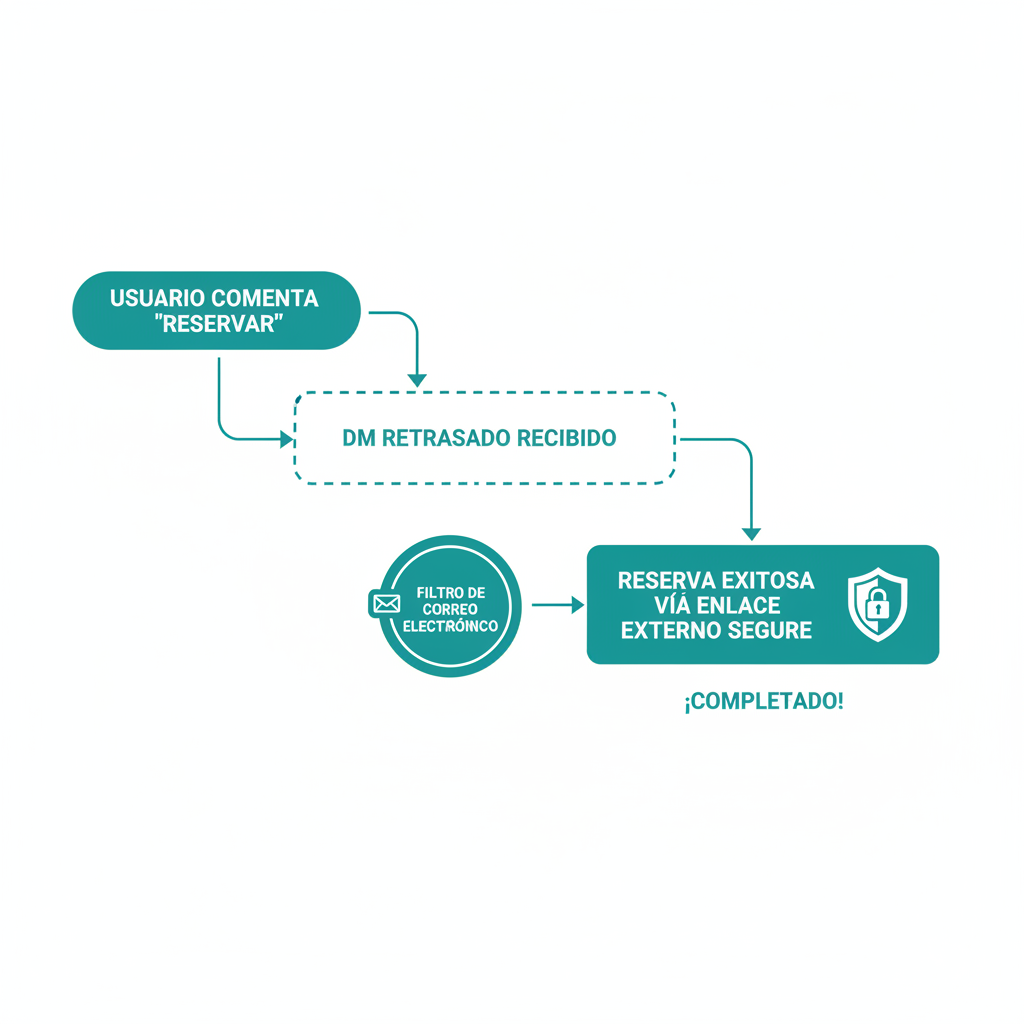 Un diagrama de flujo visual que muestra a un usuario comentando "RESERVAR", recibiendo un DM con retraso, pasando por un filtro de correo electrónico y reservando con éxito a través de un enlace externo seguro.