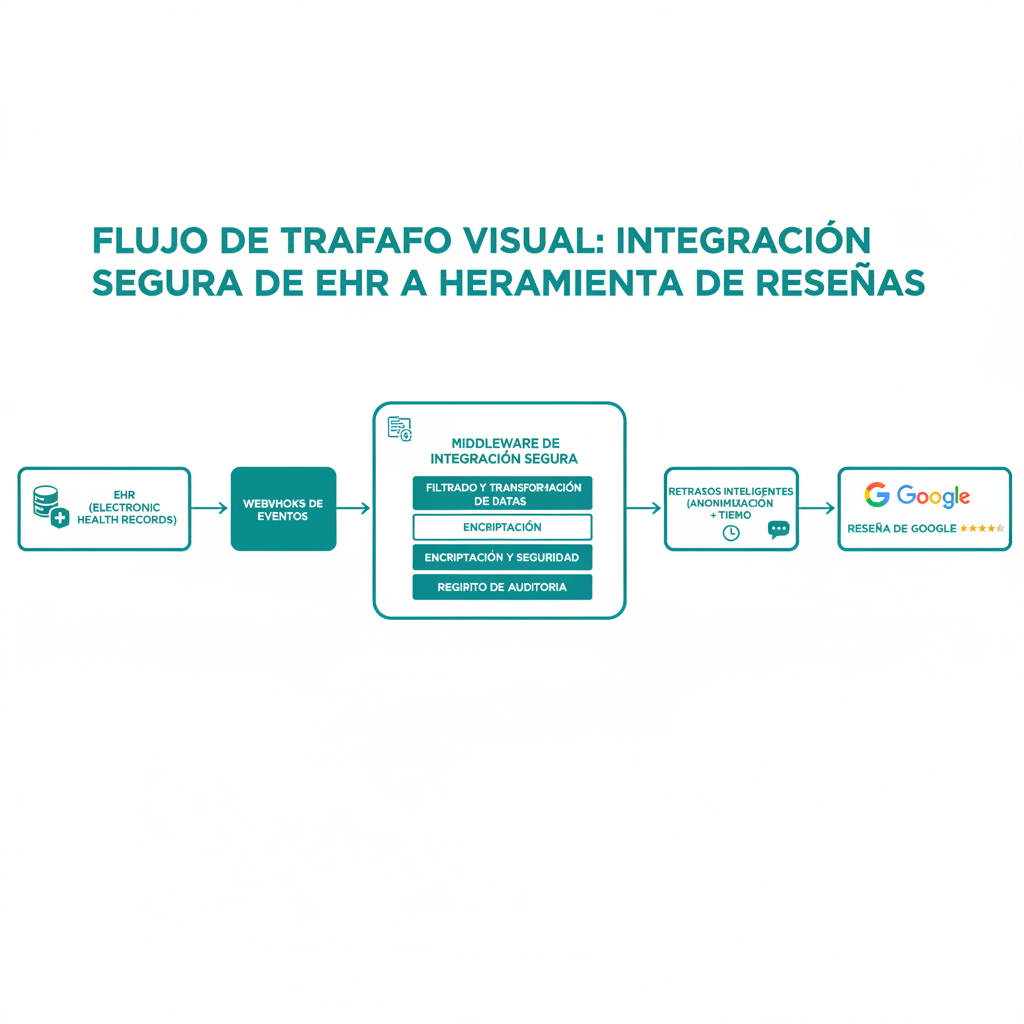 Un flujo de trabajo visual paso a paso de una integración segura de EHR a herramienta de reseñas que muestra webhooks, middleware, retrasos inteligentes y la generación final de reseñas de Google