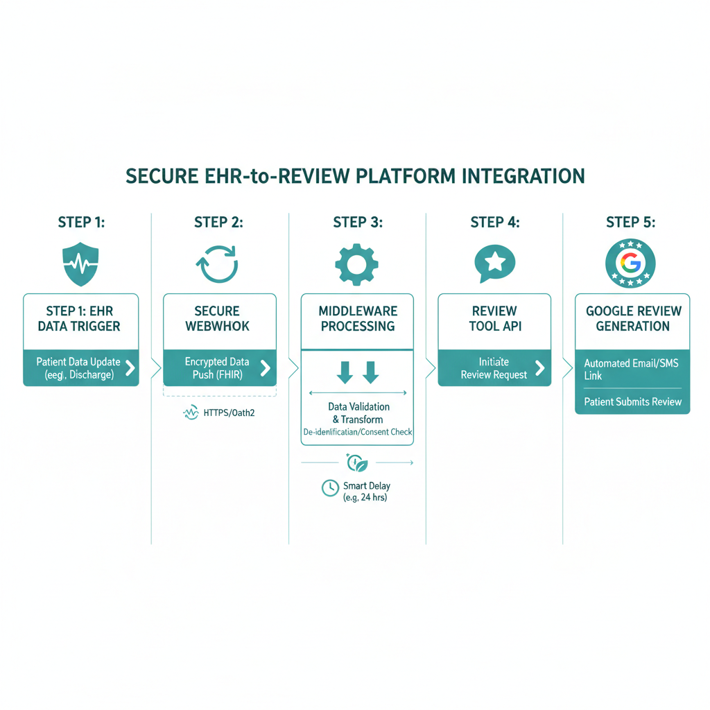 A step-by-step visual workflow of a secure EHR-to-Review-Tool integration showing webhooks, middleware, smart delays, and final Google review generation