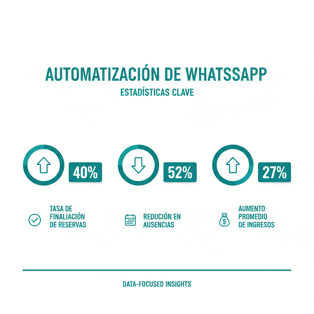 Estadísticas clave que muestran una tasa de finalización de reservas del 40 por ciento, una reducción del 52 por ciento en las ausencias a citas y un aumento promedio de los ingresos del 27 por ciento mediante la automatización de WhatsApp