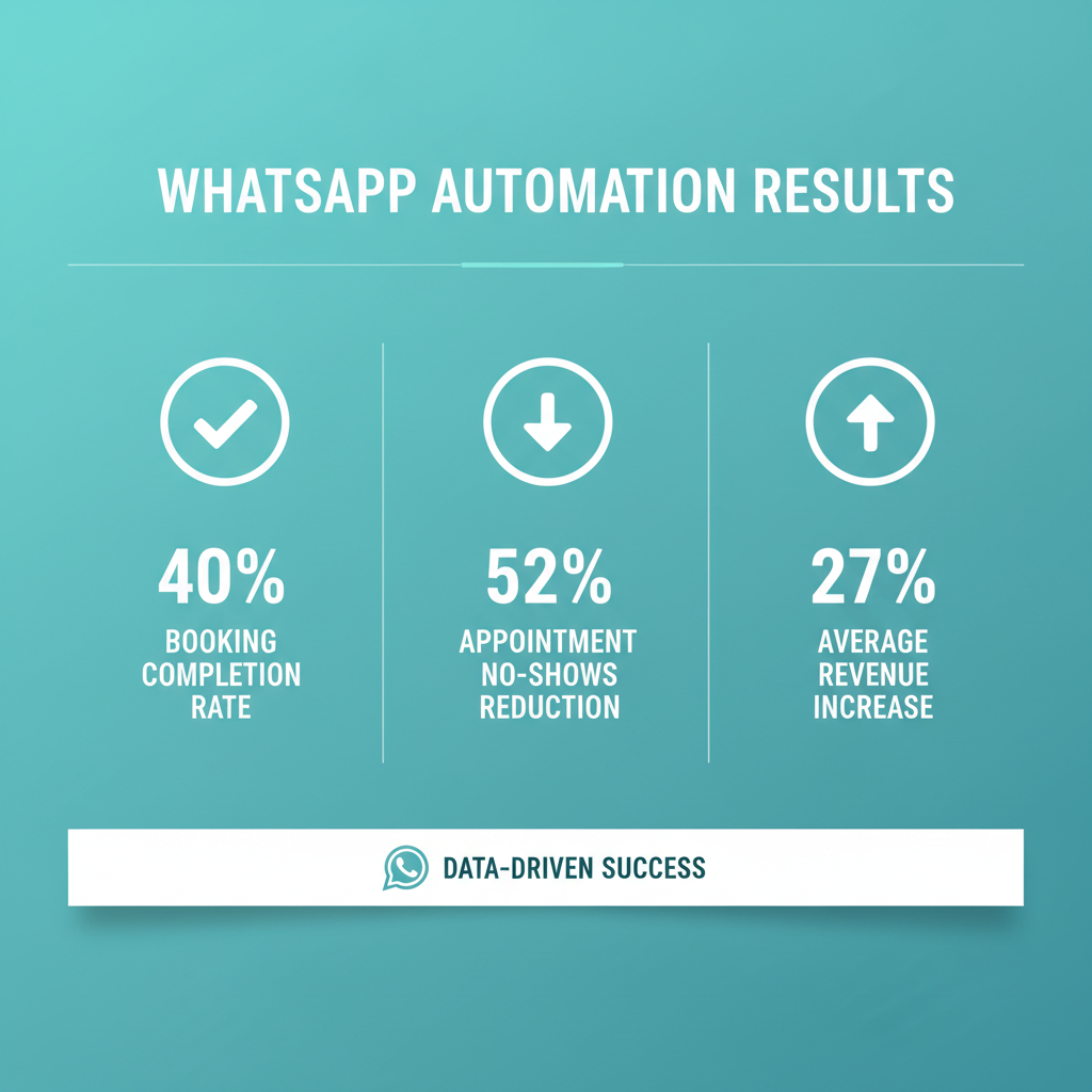 Key statistics showing a 40 percent booking completion rate, a 52 percent reduction in appointment no-shows, and a 27 percent average revenue increase using WhatsApp automation