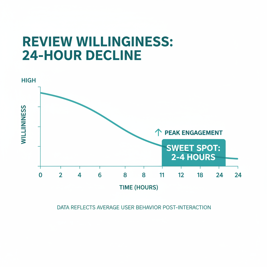 A timeline chart showing the decline in review willingness over 24 hours and highlighting the 2 to 4 hour sweet spot.